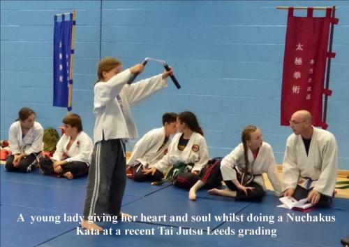 Juniors a young lady doing a nuchakas kata